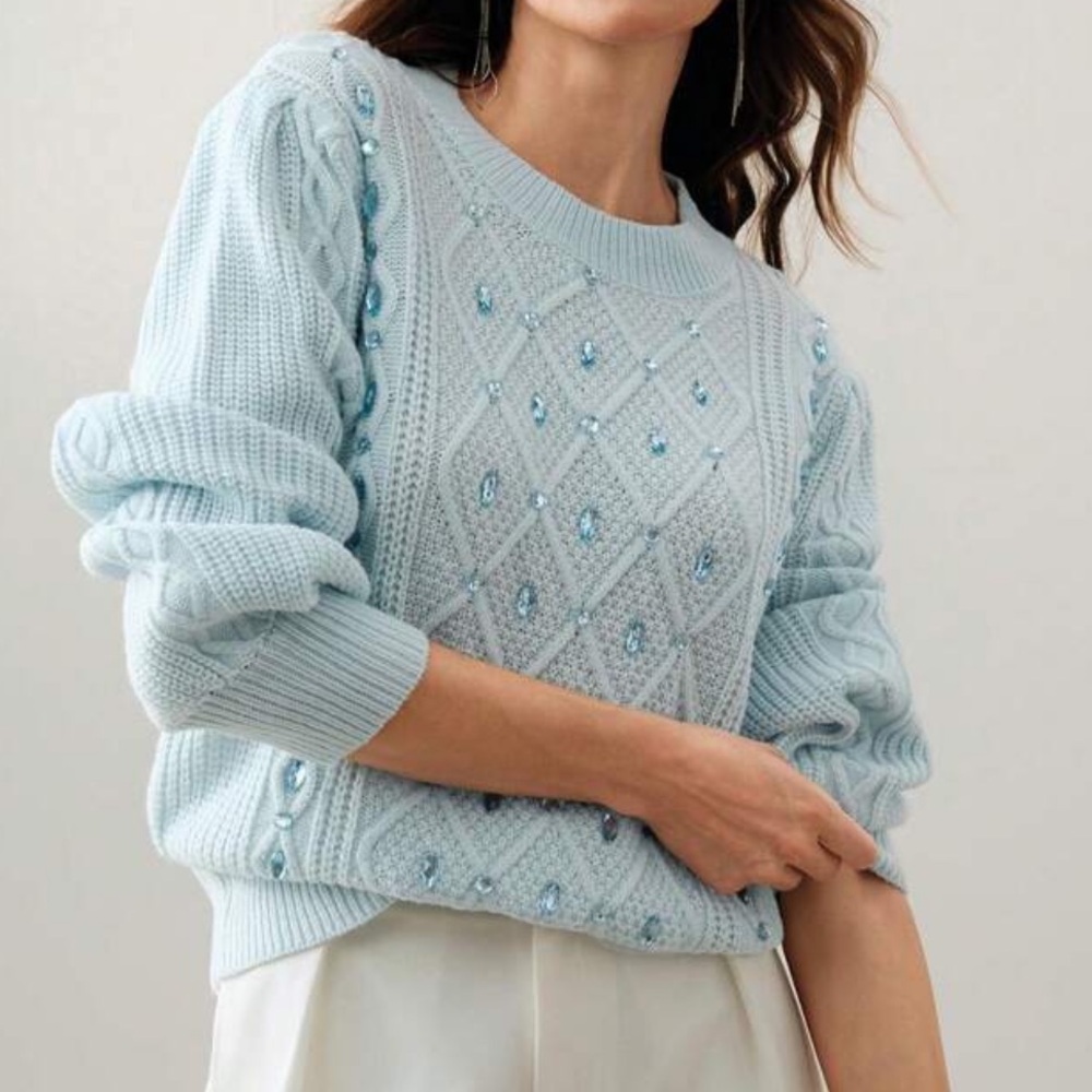Elegant Light Blue Knit Sweater with Embellishments